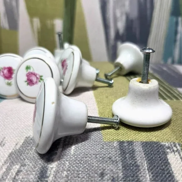 Vtg Porcelain Rose Drawer Knobs x 10 Shabby Chic Cottage Core Cabinet Knob Japan - Picture 6 of 8